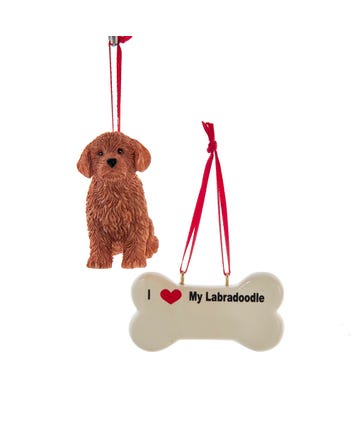Brown Labradoodle With Dog Bone Ornament For Personalization