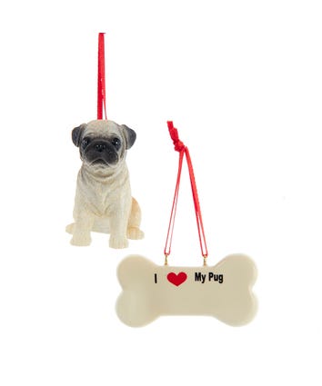 Pug With Dog Bone Ornaments For Personalization, 2-Piece Set
