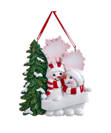 Snowman Family Of 2 With Snowy Christmas Tree & Snowflakes Ornament For Personalization
