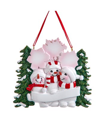 Snowman Family Of 3 With Snowy Christmas Tree & Snowflakes Ornament For Personalization