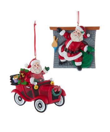 Santa In Car & Fireplace Ornaments, 2 Assorted