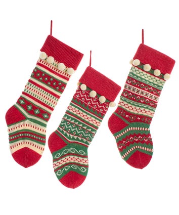 Red, Green & White Heavy Knit Stockings, 3 Assorted