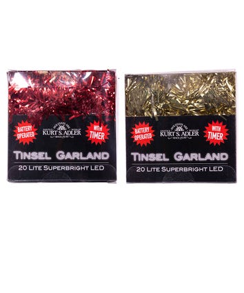 6' Battery Operated 20-Light  Red & Gold Superbright LED Tinsel Garlands, 2 Assorted