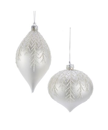 Silver and White Glass Onion and Drop Ornaments, 2 Assorted