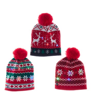 Battery Operated LED Christmas Pattern Knit Hats, 3 Assorted