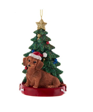 Red Daschund With Christmas Tree Ornament For Personalization