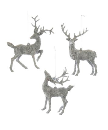 Silver Glitter Deer Ornaments, 3 Assorted