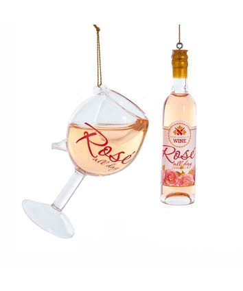 Rosé Glass Wine Bottle and Wine Glass Ornament, 2 Assorted