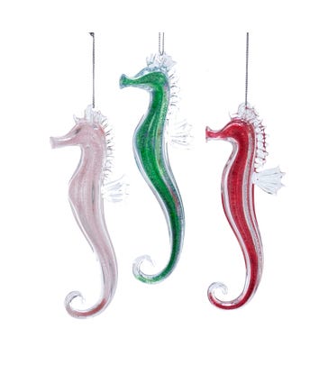 Glass Glitter Seahorse Ornaments, 3 Assorted