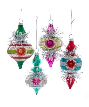 Glass Colorful Reflector Retro Finial With Tinsel Ornaments, 3 Assorted