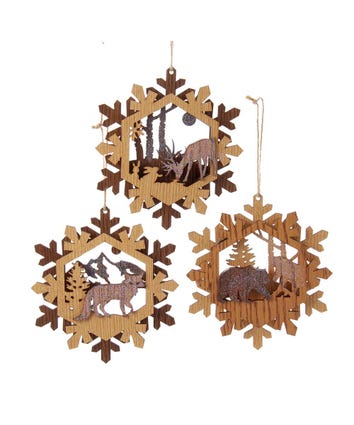 Wooden Deer, Fox and Bear Ornaments, 3 Assorted