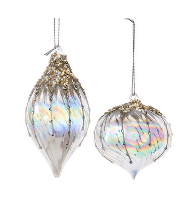 Glass Iridescent Onion and Finial Ornaments, 2 Assorted