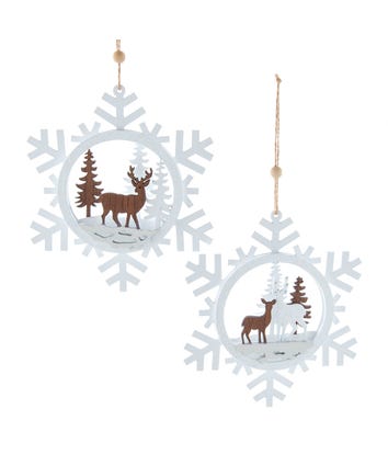Wooden White Snowflake With Deer Ornaments, 2 Assorted