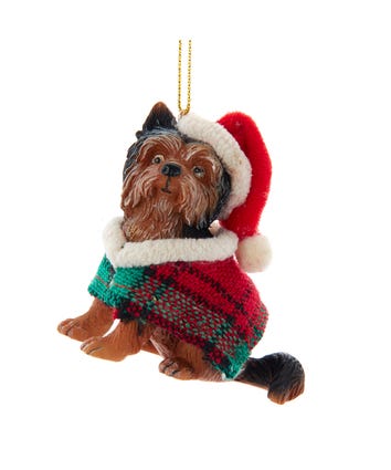 Yorkshire Terrier With Plaid Coat and Santa Hat Ornament