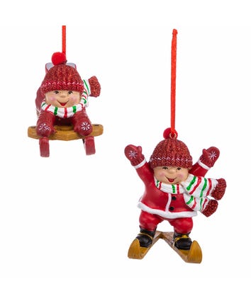 Snowman Kid On Sled and Skis Ornaments, 2 Assorted