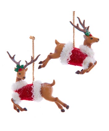 Deer With Red Knit Sweater Ornaments, 2 Assorted