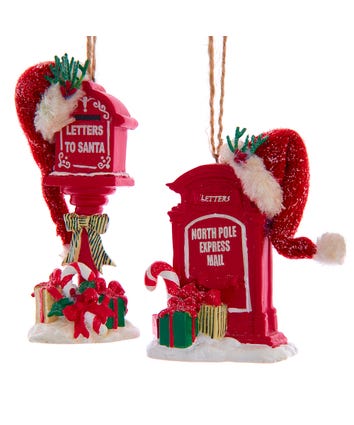 Red Mailbox With Red Knit Hat Ornaments., 2 Assorted