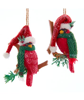 Cardinal Birds With Red Knit Long Hat Ornaments, 2 Assorted