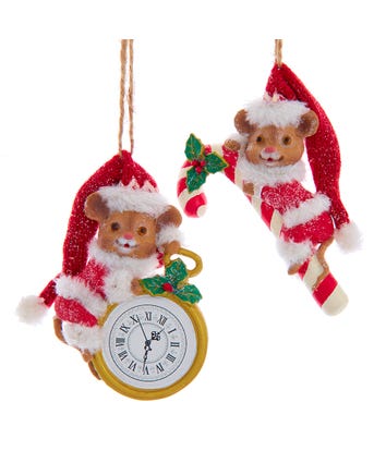 Mice With Red Knit Hat Ornaments, 2 Assorted