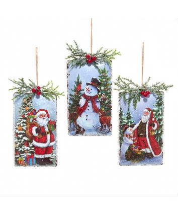 Santa & Snowman Iron With Pinecone & Berries Ornaments, 3 Assorted