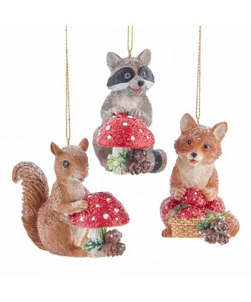 Fox, Raccoon and Squirrel With Mushroom Ornaments, 3 Assorted