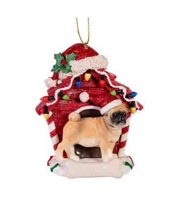 Tan Pug With Dog House Ornament For Personalization
