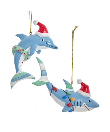 Whimsical Blue Shark and Dolphin Ornaments, 2 Assorted