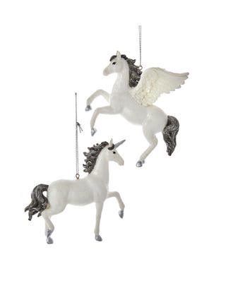Silver and White Unicorn and Pegasus Ornaments, 2 Assorted