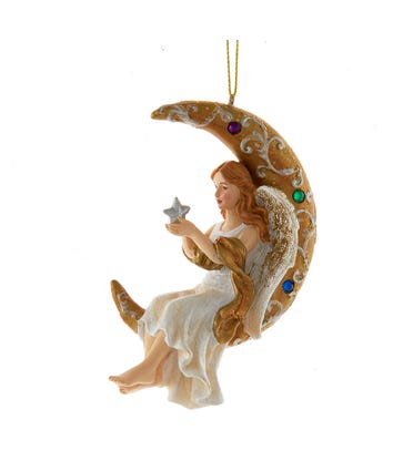 Jeweled White and Gold Angel On Moon Ornament
