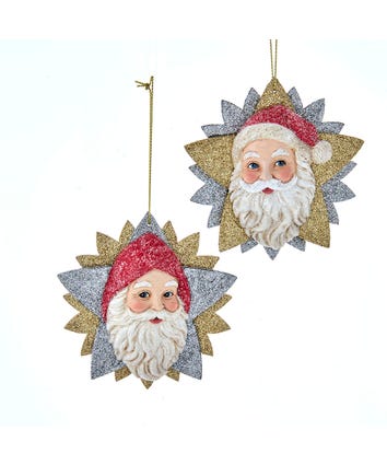 German Santa Head On Star Ornament, 2 Assorted