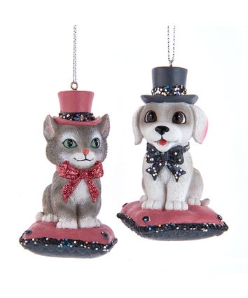 Pink And Pewter Dog & Cat On Pillow Ornaments, 2 Assorted