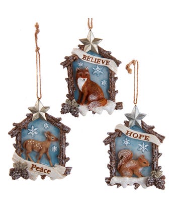 Rustic Glam Woodland Animals In Log Window Frame Ornaments, 3 Assorted