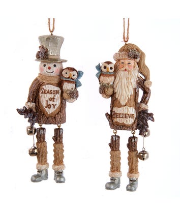 Rustic Glam Snowman and Santa With Dangle Legs Ornaments, 2 Assorted