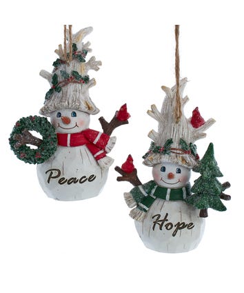 Birch Berries Belsnickel Snowman With Cardinal Ornaments, 2 Assorted