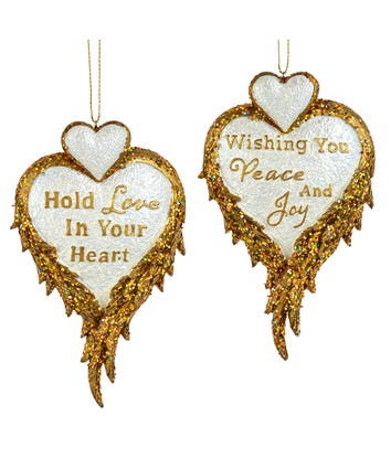 Ivory and Gold Wings Heart Ornaments, 2 Assorted