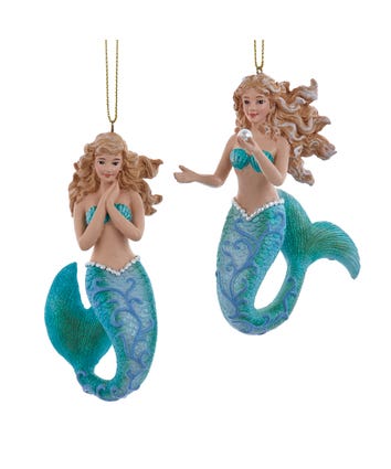 Blue and Green Scroll Patterned Mermaid Ornaments, 2 Assorted