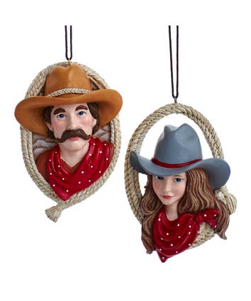 Cowboy & Cowgirl Head Ornaments, 2 Assorted