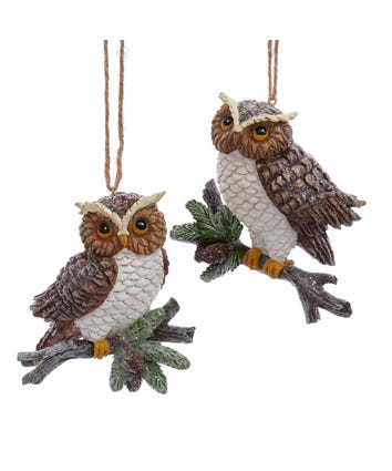 Pinecone Owl With Mica Ornaments, 2 Assorted