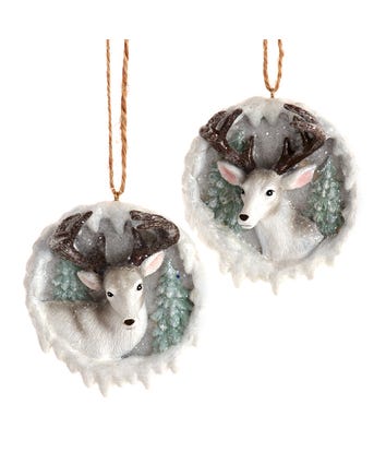 White Deer With Tree Ornaments, 2 Assorted