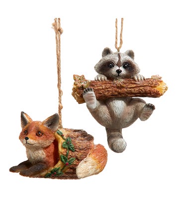 Raccoon & Fox Ornaments, 2 Assorted