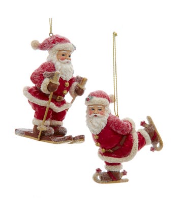 Winter Skating & Skiing Santa Ornaments, 2 Assorted