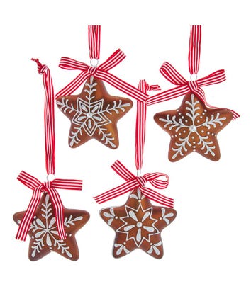 Glass Gingerbread Star With Ribbon Ornaments, 4 Assorted