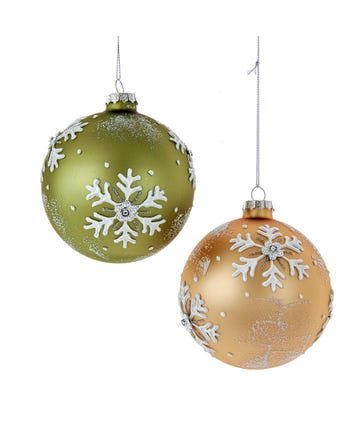 Glass Sage and Tan Ball With Snowflake Pattern Ornaments, 2 Assorted