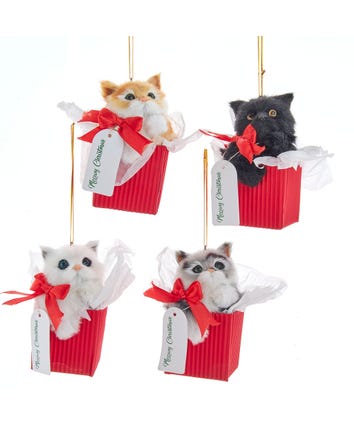 Furry Cat In Gift Box Ornaments, 4 Assorted
