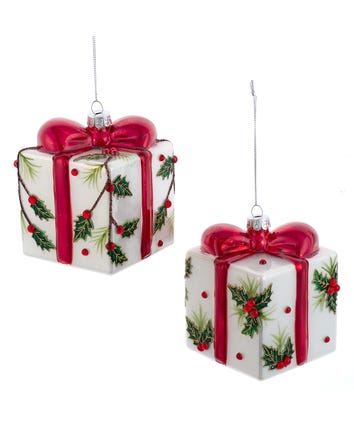 Glass Holly Decorated Present Ornament, 2 Assorted