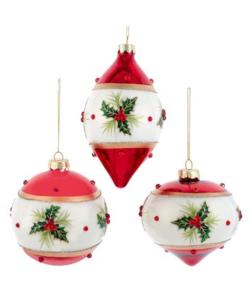 Glass Red & White With Holly Ball, Finial and Onion Shaped Ornaments, 3 Assorted