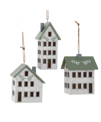Wooden Ivory and Sage House Ornaments, 3 Assorted