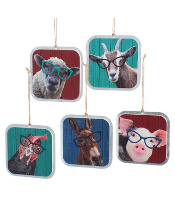 Farm Animal With Glasses Ornament, 5 Assorted