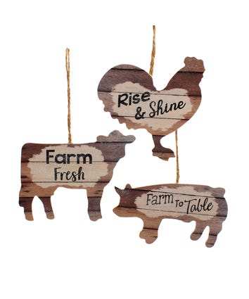 Wooden Plank Farm Animal Ornaments, 3 Assorted