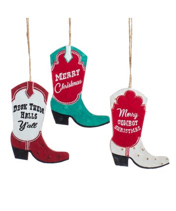 Wooden & Leather Textured Cowboy Boot Ornaments, 3 Assorted